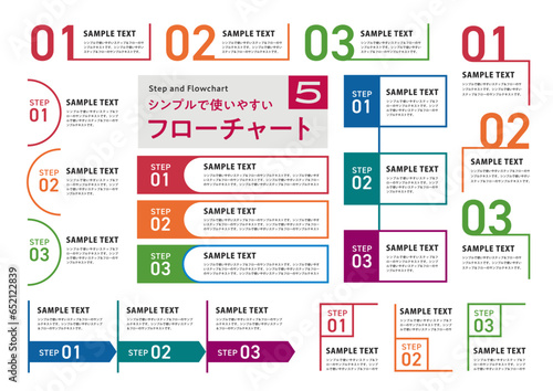 シンプルなステップフローチャート図カラフル05