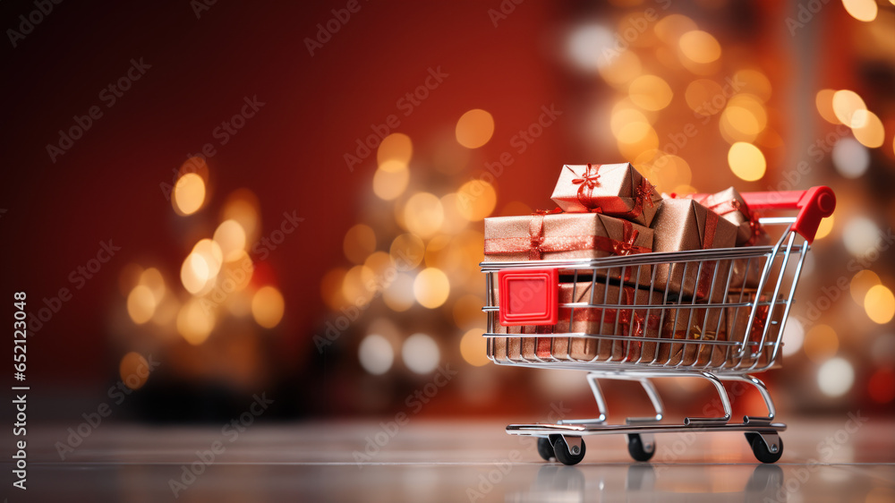 Christmas Package Shopping Cart Background created with Generative AI technology Christmas Package Shopping Cart Background created with Generative AI technology