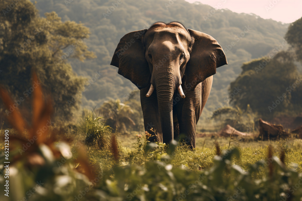Fototapeta premium elephants at sunset