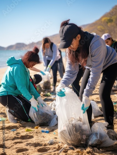 Young person on the beach with rubber gloves and a garbage bag cleaning litter and waste. generative AI