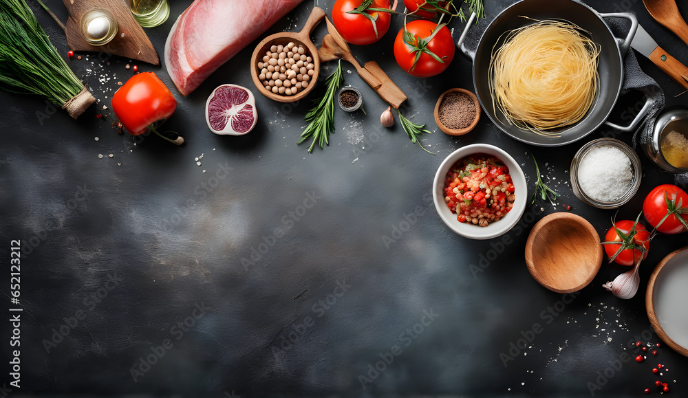 food background and cooking scene on an old wooden background with ample copy space. food background and cooking scene on an old wooden background with ample copy space.