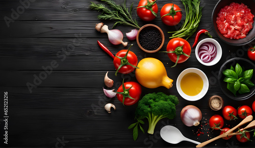 food background and cooking scene on an old wooden background with ample copy space.