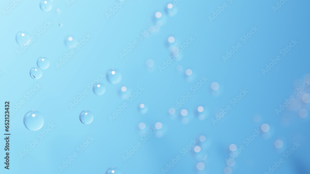 水色背景に透明なたくさんの泡。（横長）