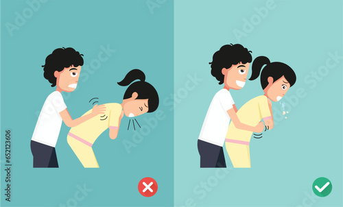 wrong and right ways first aid man giving choking woman illustration vector