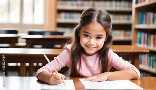 a little girl happily writing or painting on paper in a library  emphasizing children s education