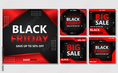 five sets of social media template designs in red and black colors. black friday social media post design for promotion.