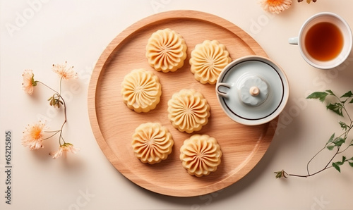 Moon cake, Mid-Autumn Festival concept, Top view of Dessert, tea cup and flower, flat lay copy space.