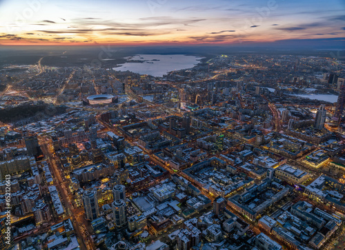 Yekaterinburg aerial panoramic view in Winter at sunset. Ekaterinburg is the fourth largest city in Russia located in the Eurasian continent on the border of Europe and Asia.