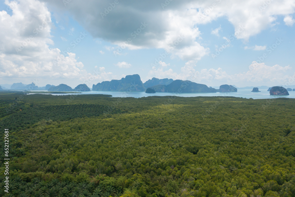 Aerial top view of Samet Nangshe, Phang Nga, lush green trees from above in tropical forest in national park in summer season. Natural landscape. Pattern texture background.