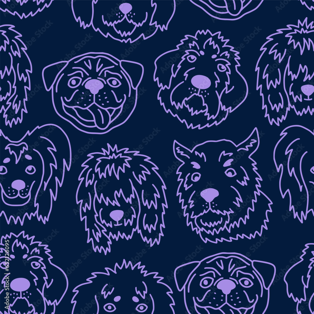 Funny seamless pattern with the heads of dogs of different breeds. Sketch in the style of doodles on a dark blue background. Vector.