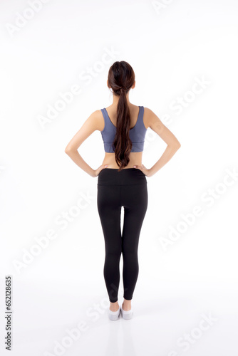 Portrait of beautiful young asian woman in sportswear showing waist and abs isolated on white background, sport and exercise for health, female slimming with confident and wellness, back view.