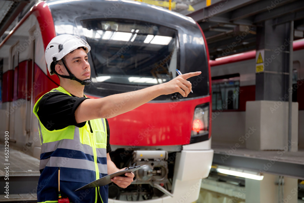 Fototapeta premium Young engineer man or worker hold clipboard for looking and checking electric train for planning maintenance and pointing in station, transport and infrastructure, inspector check service transport.