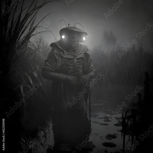 large insect person lurking in a the far background of a swamp very dark black nightime rainy day mist dramatic light 1800s photography evening very dark Mathew Brady style realistic grainy photo  photo
