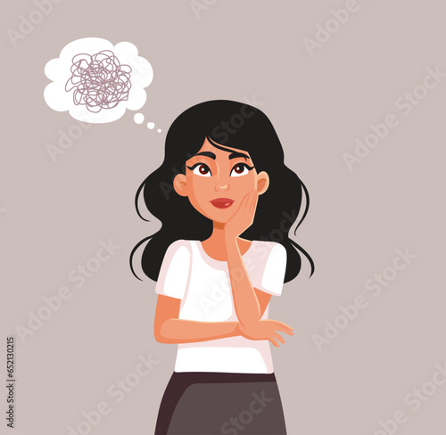 Stressed Woman Having Tangled Thoughts Vector Cartoon Illustration. Person suffering form mental clutter and fatigue 
