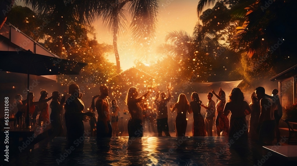 Fototapeta premium Blurred background of many people had fun at beach party in tropical nature