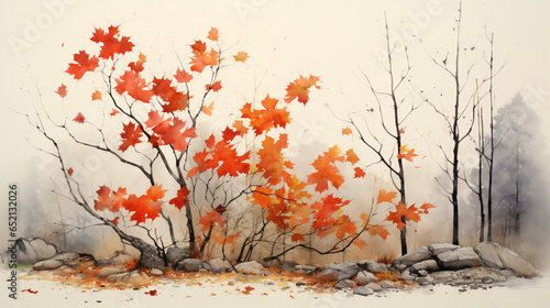 背景なしの紅葉した紅葉の水彩画イラスト