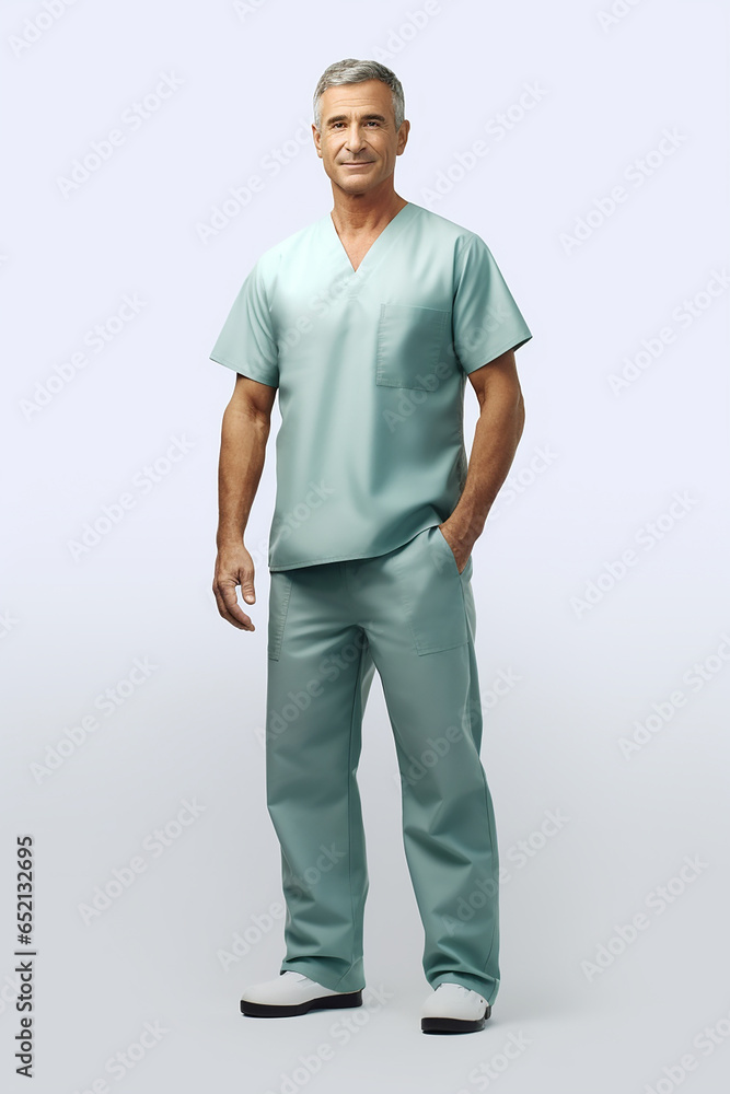 Physician wearing scrubs, white background, minimalism - Generative AI Physician wearing scrubs, white background, minimalism - Generative AI