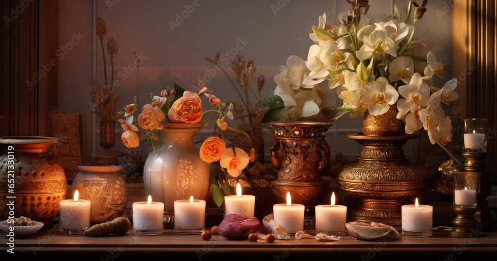 Sacred altar set for worship, adorned with lit candles, fresh flowers, and religious symbols, exuding serenity and devotion