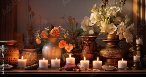 Sacred altar set for worship  adorned with lit candles  fresh flowers  and religious symbols  exuding serenity and devotion