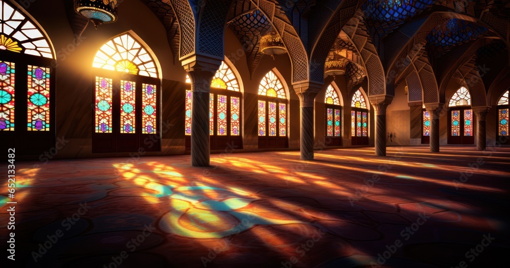 Sunlight filtering through stained glass windows, casting a multicolored glow on the plush carpeted floor of a mosque - obrazy, fototapety, plakaty 