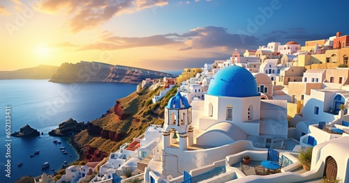 The warm glow of the setting sun casts a golden hue over the iconic blue-domed rooftops of Santorini