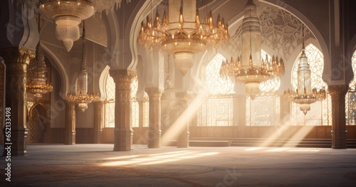 Glistening chandeliers hanging above intricately patterned prayer rugs inside a serene mosque interior