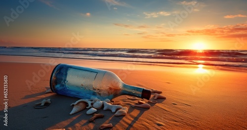 Weathered bottle washed ashore, containing a mysterious letter, set against the backdrop of a sunset beach