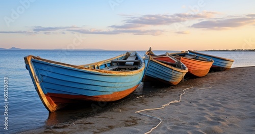 Traditional wooden boats lined up on the shore