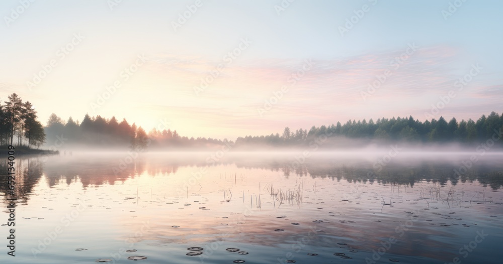 Fototapeta premium Tranquil lakeside at dawn, with mist rising and the world reflected in still waters