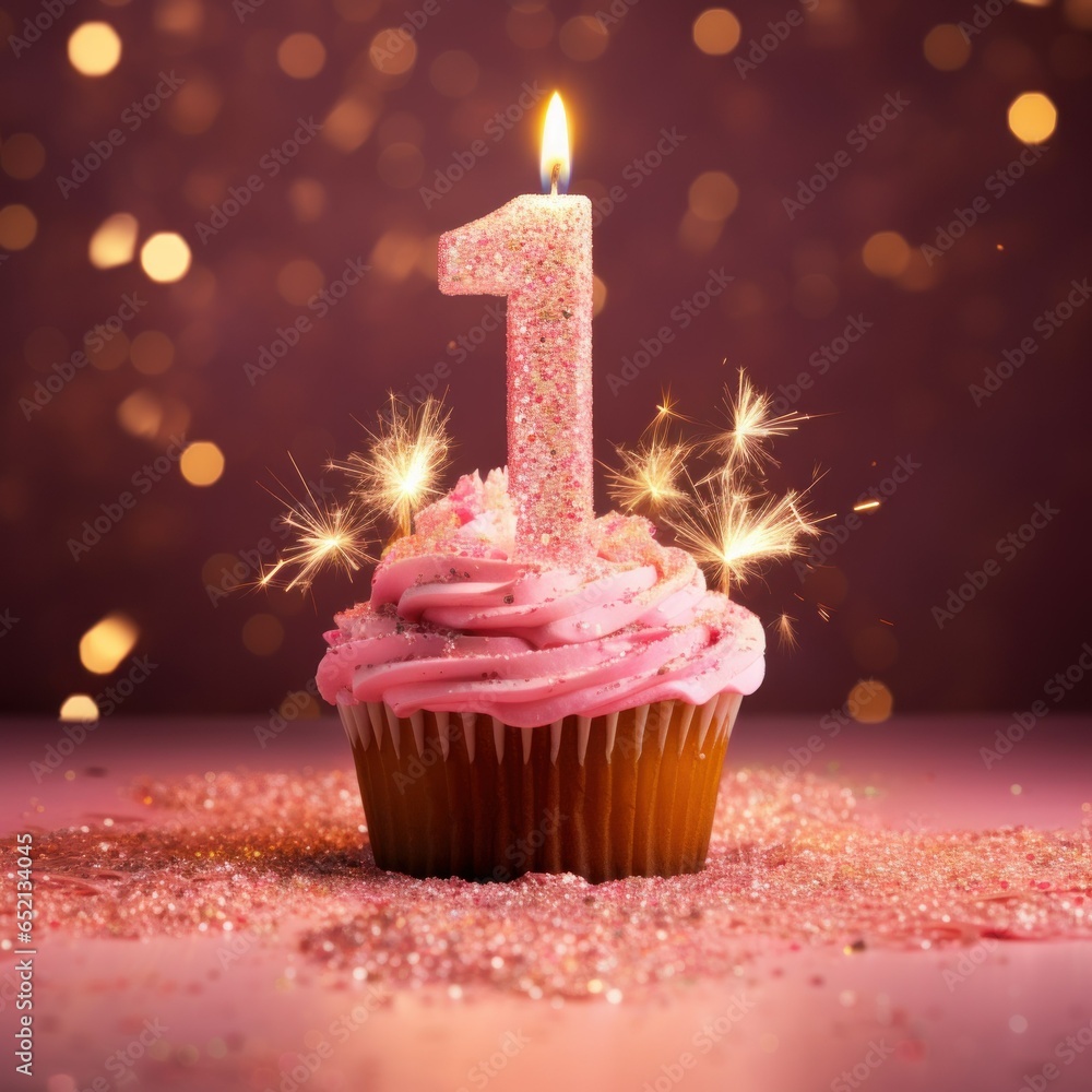 Birthday Cupcake With Number one, Candle cupcake with a candle in the shape of the number 1 Birthday Cupcake With Number one, Candle cupcake with a candle in the shape of the number 1
