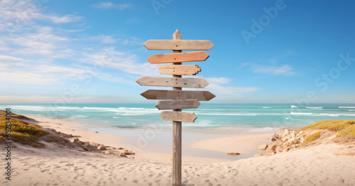 Weathered text on the wooden signpost pointing towards different beach destinations