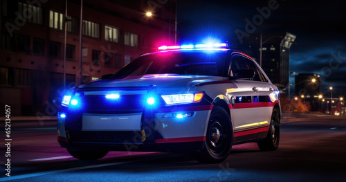 Police car  lights flashing  patrolling the streets ensuring safety during the quiet hours of the night