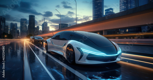 Sleek autonomous car navigating seamlessly through city streets, highlighting the future of transportation