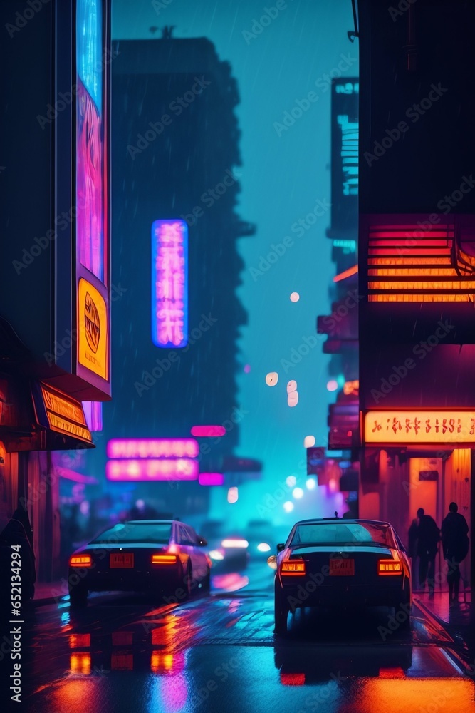 cyberpunk street scene raining nighttime with neon