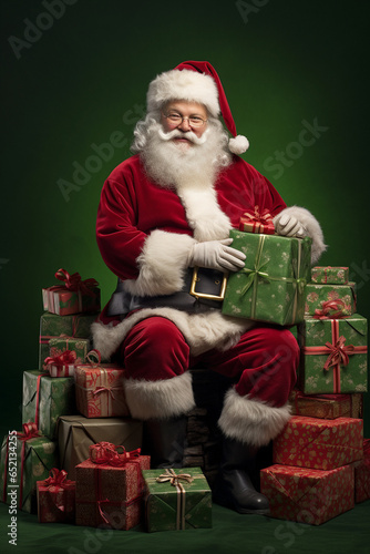 Happy and Smiling Black Santa Sitting Among Pile of Wrapped Christmas Gifts. generative ai