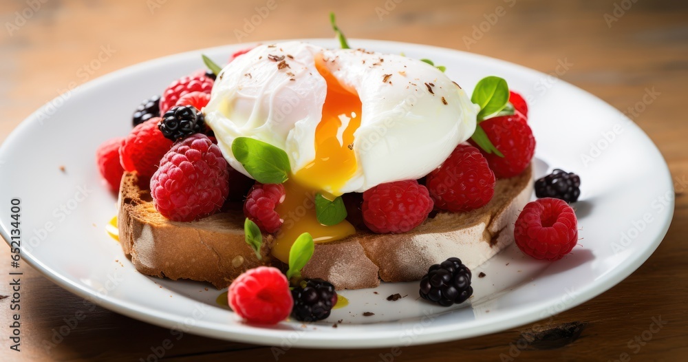 Plate with a perfectly poached egg, avocado toast, and fresh berries Plate with a perfectly poached egg, avocado toast, and fresh berries