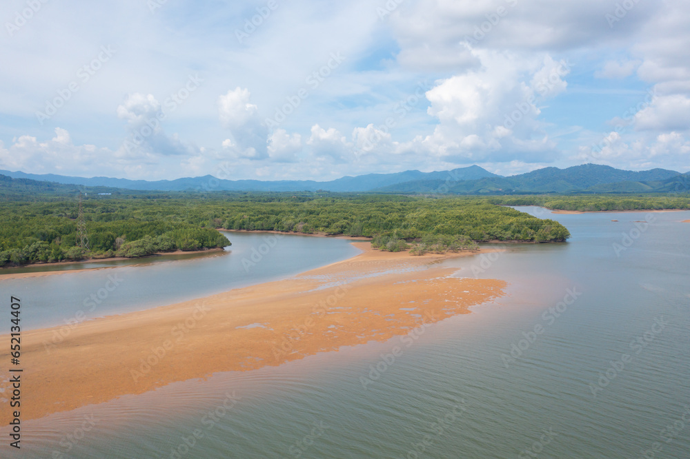 Aerial top view of a garden park with green mangrove forest trees, river, pond or lake. Nature landscape background, Thailand. Aerial top view of a garden park with green mangrove forest trees, river, pond or lake. Nature landscape background, Thailand.