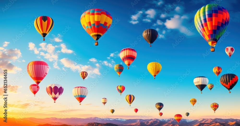 Fototapeta premium Vibrant balloons of various shapes and designs gracefully ascending at dawn