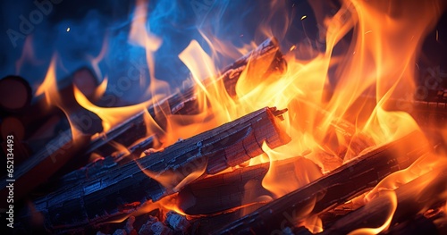 Blazing logs, with sparks flying, illuminating the warmth and comfort of a campfire © Putra