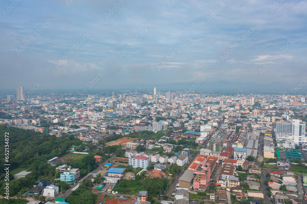 Aerial view of residential neighborhood roofs. Urban housing development from above. Top view. Real estate in Phuket, southern province city, Thailand. Property real estate.