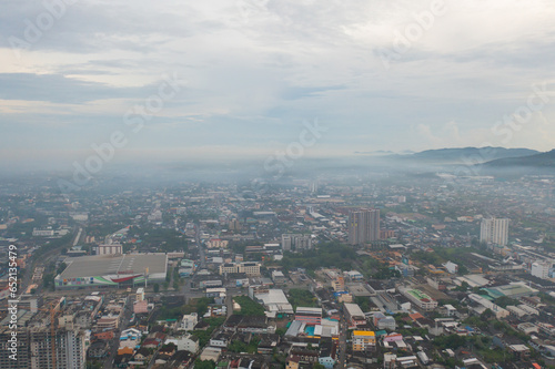 Aerial view of residential neighborhood roofs. Urban housing development from above. Top view. Real estate in Phuket, southern province city, Thailand. Property real estate.