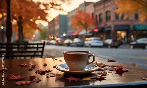 steaming cup of coffee perfectly placed on a café table, set against the backdrop of a street bustling with cars and blanketed with colorful fall leaves photo