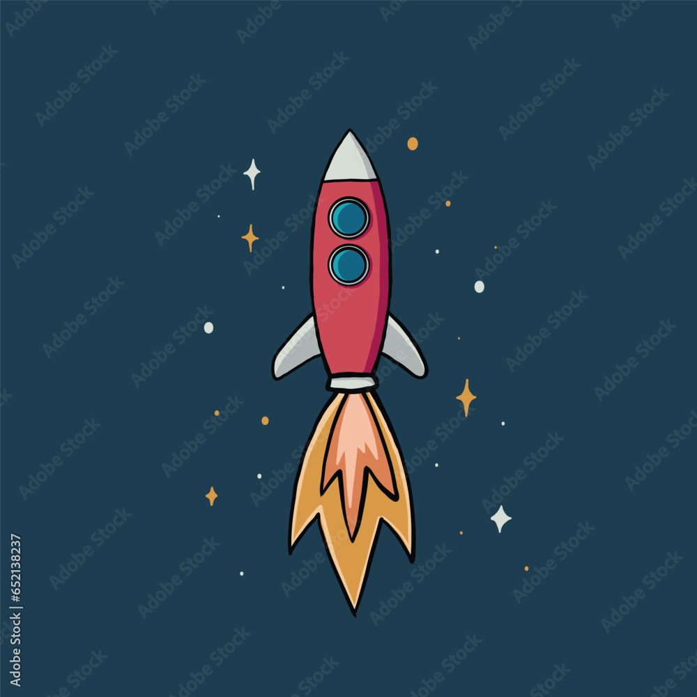 vector illustration of rocket in space, spaceship hand drawn flat design style with stars as background