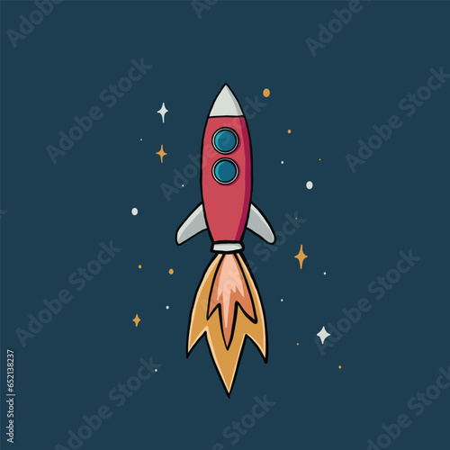 vector illustration of rocket in space, spaceship hand drawn flat design style with stars as background