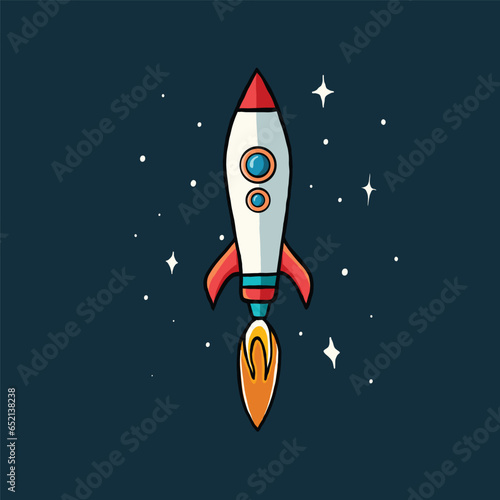 vector illustration of rocket in space, spaceship hand drawn flat design style with stars as background