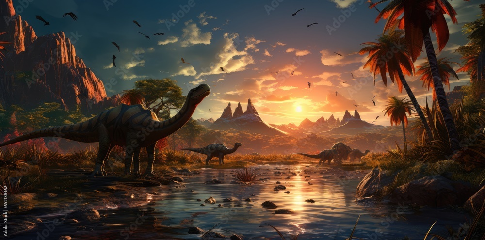 Naklejka premium Prehistoric Dinosaur in Stunning Sunset Landscape
