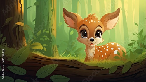  a baby deer in a forest with green leaves and trees. generative ai © Jevjenijs