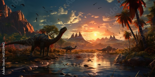 Prehistoric Dinosaur in Stunning Sunset Landscape photo