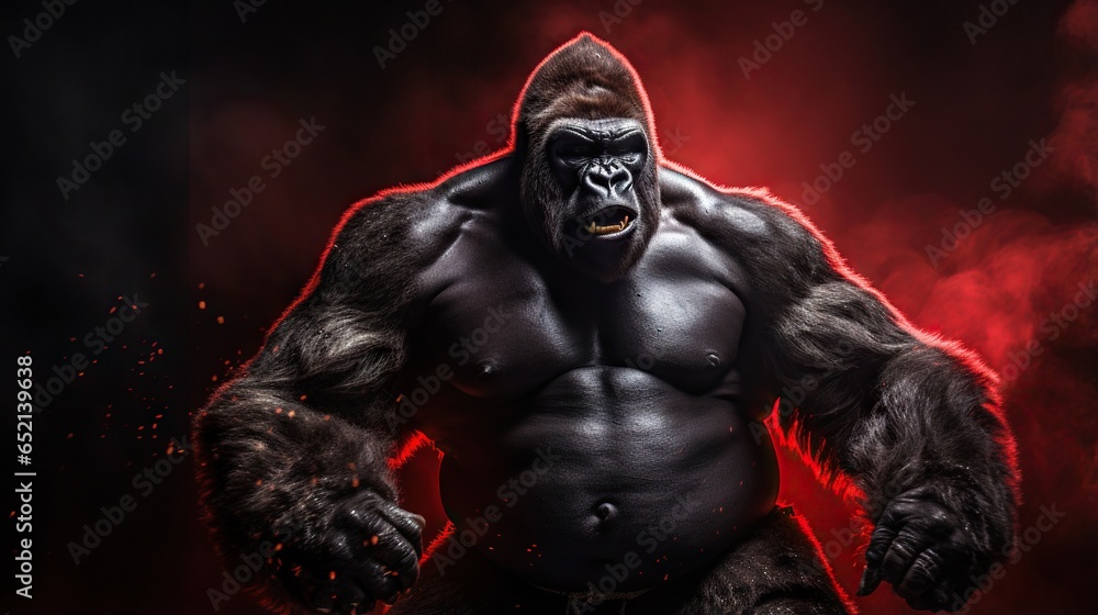  a gorilla is standing in the dark with his hands on his hips.  generative ai