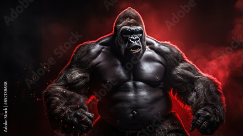  a gorilla is standing in the dark with his hands on his hips. generative ai